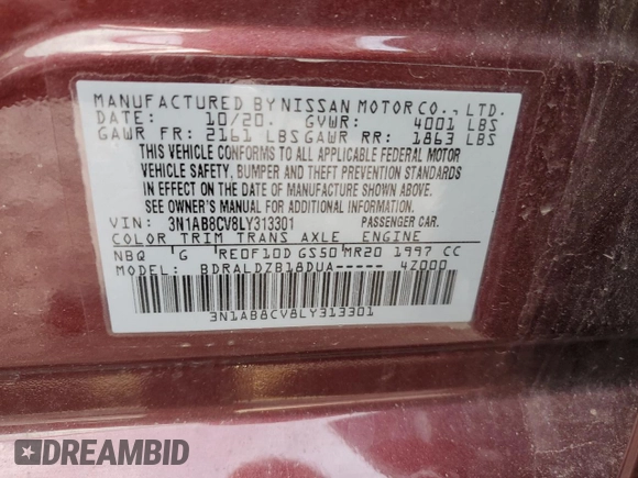 2020 Nissan Sentra SV with VIN 3N1AB8CV8LY313301, listed as a Copart auction lot 49721615 with 52,904 mi miles and Salvage Title. Bid and sale history available at carsss.com. Image 15.