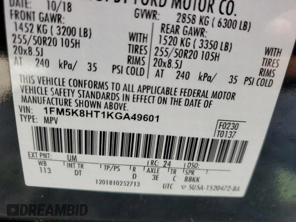 2019 Ford Explorer Platinum z VIN 1FM5K8HT1KGA49601, wystawiony jako Copart lot #56636955 z przebiegiem 56 913 mil mil oraz Szkoda całkowita • Salvage title. Historia ofert i sprzedaży dostępna na DreamBid. Obrazek 13.