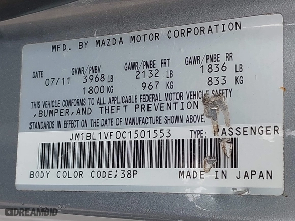 2012 Mazda Mazda3 i Touring with VIN JM1BL1VF0C1501553, listed as a IAAI auction lot 41910690 with 139,879 mi miles. Bid and sale history available at carsss.com. Image 9.