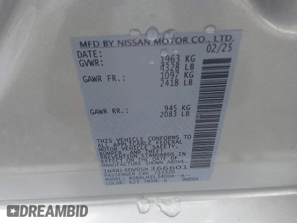 2025 Nissan Altima SV z VIN 1N4BL4DV0SN366601, wystawiony jako IAAI lot #42405749 z przebiegiem 4 790 mil mil oraz . Historia ofert i sprzedaży dostępna na DreamBid. Obrazek 9.