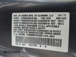 2011 Honda Odyssey Touring Elite with VIN 5FNRL5H96BB043339, listed as a IAAI auction lot 42174767 with 161,233 mi miles and . Bid and sale history available at DreamBid. Image 9.
