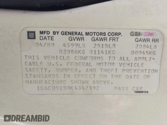 1989 Cadillac DeVille z VIN 1G6CD5159K4342392, wystawiony jako IAAI lot #42451638 z przebiegiem 162 687 mil mil oraz . Historia ofert i sprzedaży dostępna na DreamBid. Obrazek 9.