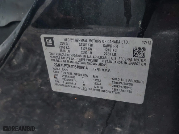 2013 Chevrolet Equinox LT with VIN 2GNALPEK4D6409914, listed as a IAAI auction lot 41970822 with 190,069 mi miles. Bid and sale history available at carsss.com. Image 9.