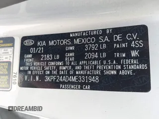 2021 Kia Forte LXS с VIN 3KPF24AD4ME331948, выставлен на аукционе IAAI как лот 42474846 с пробегом 101 922 миль миль и . История ставок и продаж доступна на DreamBid. Изображение 9.
