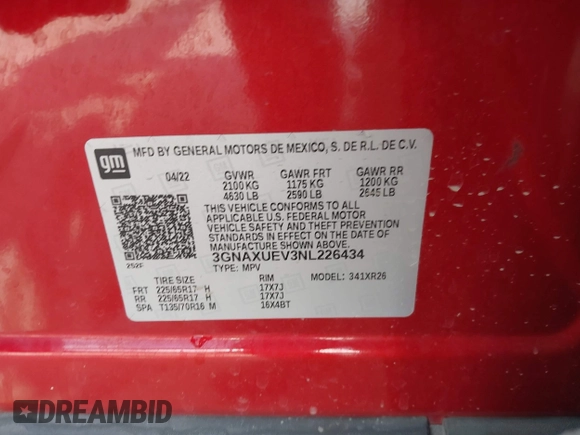 2022 Chevrolet Equinox LT with VIN 3GNAXUEV3NL226434, listed as a IAAI auction lot 42435297 with 68,342 mi miles and . Bid and sale history available at DreamBid. Image 9.