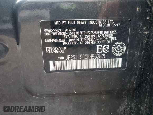 2017 Subaru Forester with VIN JF2SJESC0HH552820, listed as a Copart auction lot 59763655 with 137,764 mi miles and Clean title. Bid and sale history available at DreamBid. Image 14.