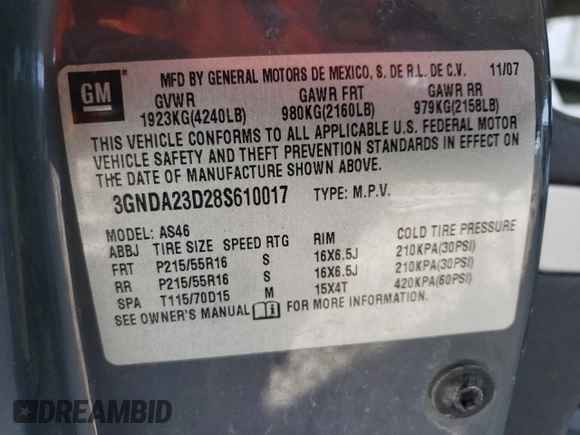 2008 Chevrolet HHR LT with VIN 3GNDA23D28S610017, listed as a Copart auction lot 52350235 with 169,123 mi miles and Salvage Title. Bid and sale history available at DreamBid. Image 13.