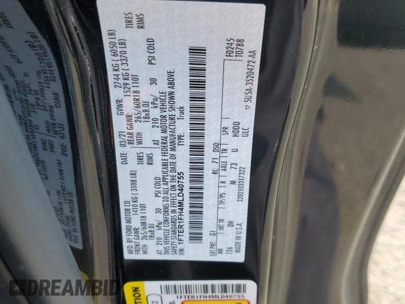 2021 Ford Ranger XL with VIN 1FTER1FH4MLD40755, listed as a Copart auction lot 60442935 with 52,864 mi miles and Salvage title. Bid and sale history available at DreamBid. Image 12.