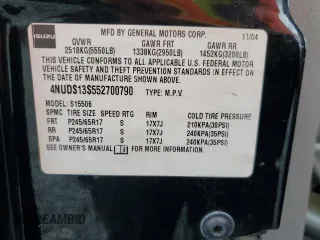 2005 Isuzu Ascender S z VIN 4NUDS13S552700790, wystawiony jako Copart lot #51925525 z przebiegiem 144 856 mil mil oraz Czysty tytuł • Clean title. Historia ofert i sprzedaży dostępna na DreamBid. Obrazek 12.