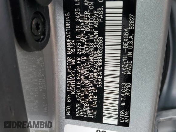 2024 Lexus ES 300h Luxury с VIN 58AEA1C16RU052269, выставлен на аукционе Copart как лот 54237455 с пробегом 6 105 миль миль и Списание • Salvage title. История ставок и продаж доступна на DreamBid. Изображение 13.