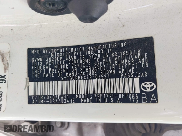 2014 Toyota Corolla L с VIN 5YFBURHEXEP106521, выставлен на аукционе IAAI как лот 42222024 с пробегом 169 817 миль миль и . История ставок и продаж доступна на DreamBid. Изображение 9.