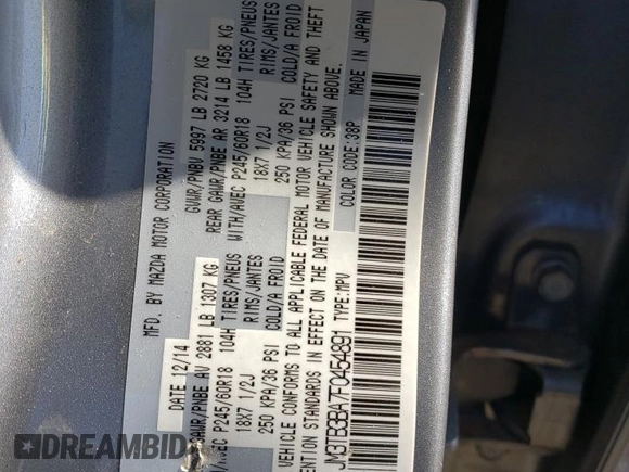 2015 Mazda CX-9 Sport with VIN JM3TB3BA7F0454891, listed as a Copart auction lot 42414995 with 68,856 mi miles and Salvage Title. Bid and sale history available at DreamBid. Image 14.