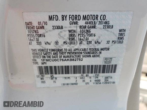 2010 Ford Escape XLS with VIN 1FMCU0C76AKB82752, listed as a Copart auction lot 57626565 with 194,931 mi miles and Salvage title. Bid and sale history available at DreamBid. Image 13.