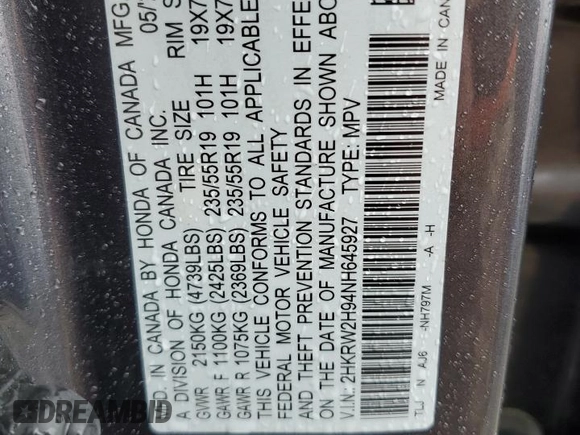 2022 Honda CR-V Touring with VIN 2HKRW2H94NH645927, listed as a Copart auction lot 57567875 with Not provided miles and Salvage title. Bid and sale history available at DreamBid. Image 13.