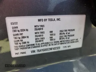2022 Tesla Model Y Long Range with VIN 7SAYGDEE2NF402320, listed as a Copart auction lot 50396605 with 27,426 mi miles and Salvage Title. Bid and sale history available at DreamBid. Image 13.