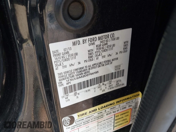 2013 Ford Expedition Limited с VIN 1FMJU2A52DEF64185, выставлен на аукционе IAAI как лот 42020671 с пробегом 166 453 миль миль и . История ставок и продаж доступна на DreamBid. Изображение 9.