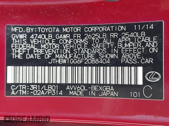 2015 Lexus ES 300h z VIN JTHBW1GG6F2088404, wystawiony jako IAAI lot #42318218 z przebiegiem 139 279 mil mil oraz . Historia ofert i sprzedaży dostępna na DreamBid. Obrazek 9.