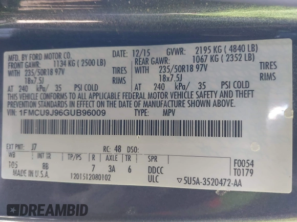 2016 Ford Escape Titanium with VIN 1FMCU9J96GUB96009, listed as a IAAI auction lot 41866127 with 132,990 mi miles and . Bid and sale history available at DreamBid. Image 9.