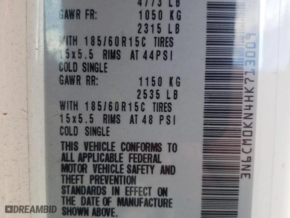 2017 Nissan NV200 Compact Cargo S with VIN 3N6CM0KN4HK713009, listed as a Copart auction lot 60984103 with 59,160 mi miles. Bid and sale history available at carsss.com. Image 12.