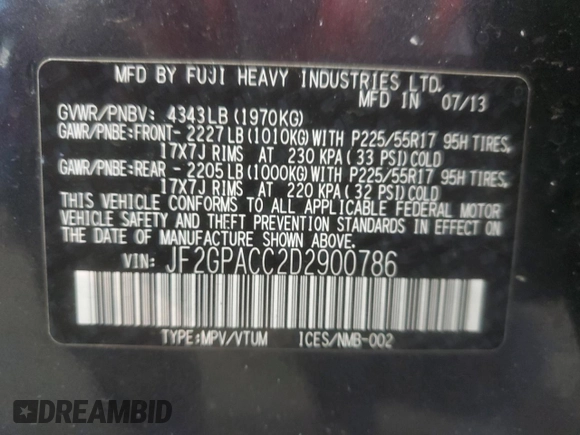 2013 Subaru Crosstrek Premium z VIN JF2GPACC2D2900786, wystawiony jako Copart lot #60411175 z przebiegiem 199 125 mil mil oraz Szkoda całkowita • Salvage title. Historia ofert i sprzedaży dostępna na DreamBid. Obrazek 13.