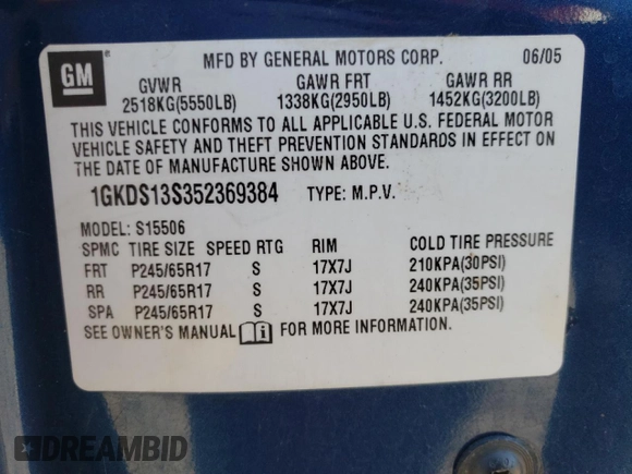 2005 GMC Envoy SLE with VIN 1GKDS13S352369384, listed as a Copart auction lot 79996394 with 117,697 mi miles and Salvage Title. Bid and sale history available at carsss.com. Image 14.