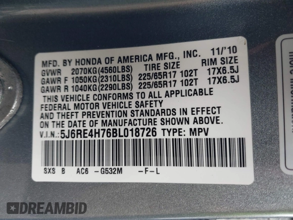 2011 Honda CR-V EX-L with VIN 5J6RE4H76BL018726, listed as a IAAI auction lot 40691195 with 167,006 mi miles. Bid and sale history available at carsss.com. Image 9.
