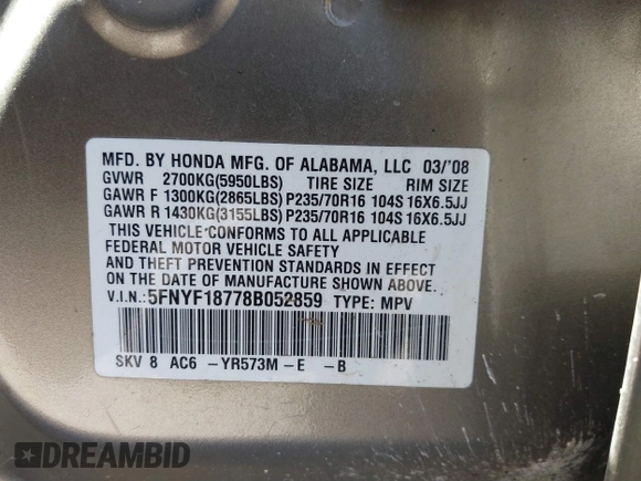 2008 Honda Pilot EX-L with VIN 5FNYF18778B052859, listed as a IAAI auction lot 41695095 with 249,207 mi miles and . Bid and sale history available at DreamBid. Image 9.