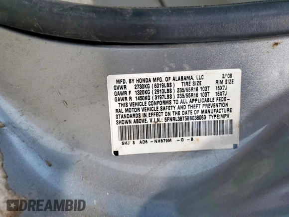 2008 Honda Odyssey EX-L with VIN 5FNRL38758B038063, listed as a Copart auction lot 49976895 with 164,973 mi miles and Clean Title. Bid and sale history available at DreamBid. Image 14.