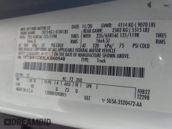 2020 Ford Transit Cargo with VIN 1FTBR1C83LKB60548, listed as a IAAI auction lot 41481254 with 77,761 mi miles and . Bid and sale history available at DreamBid. Image 9.