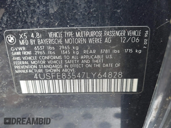 2007 BMW X5 4.8i z VIN 4USFE83547LY64828, wystawiony jako IAAI lot #41896182 z przebiegiem Nie podano mil oraz . Historia ofert i sprzedaży dostępna na DreamBid. Obrazek 9.