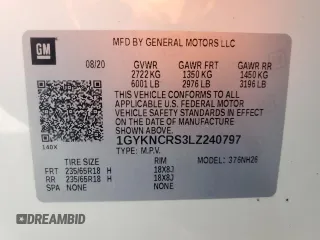2020 Cadillac XT5 Premium Luxury FWD with VIN 1GYKNCRS3LZ240797, listed as a Copart auction lot 50138005 with 75,064 mi miles and Salvage Title. Bid and sale history available at carsss.com. Image 15.