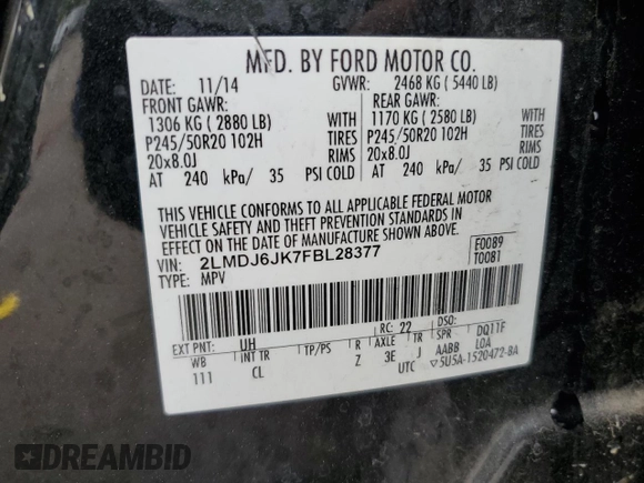 2015 Lincoln MKX with VIN 2LMDJ6JK7FBL28377, listed as a Copart auction lot 50836415 with 278,978 mi miles and Salvage Title. Bid and sale history available at carsss.com. Image 15.