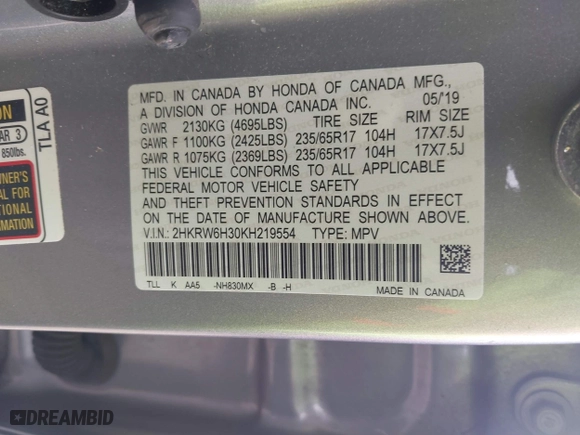2019 Honda CR-V LX with VIN 2HKRW6H30KH219554, listed as a IAAI auction lot 41994029 with 89,408 mi miles. Bid and sale history available at carsss.com. Image 9.