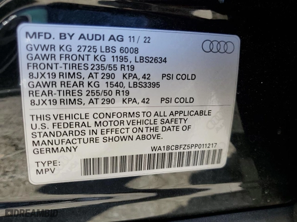 2023 Audi Q4 e-tron Premium Plus with VIN WA1BCBFZ5PP011217, listed as a Copart auction lot 71719473 with NaN miles. Bid and sale history available at carsss.com. Image 13.