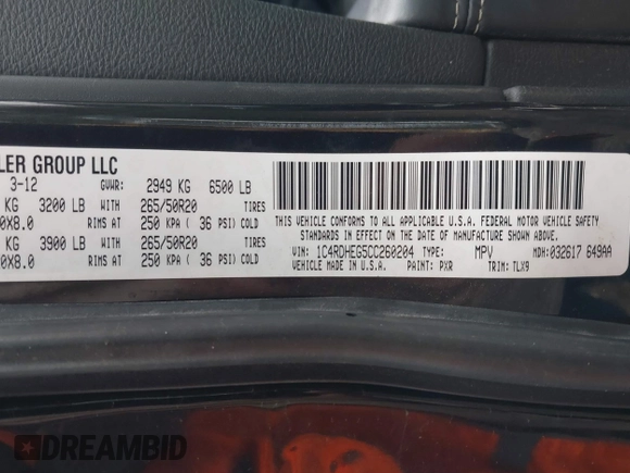 2012 Dodge Durango Citadel with VIN 1C4RDHEG5CC260204, listed as a IAAI auction lot 41456420 with 243,085 mi miles and . Bid and sale history available at DreamBid. Image 9.