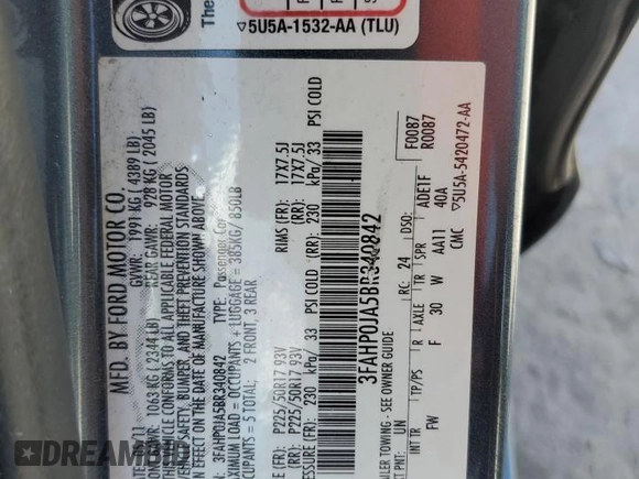 2011 Ford Fusion SEL with VIN 3FAHP0JA5BR340842, listed as a Copart auction lot 55117615 with 106,611 mi miles and Salvage Title. Bid and sale history available at DreamBid. Image 12.