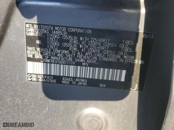 2013 Toyota RAV4 XLE with VIN JTMWFREV1DD011119, listed as a Copart auction lot 88169565 with 211,802 mi miles and Salvage Title. Bid and sale history available at carsss.com. Image 12.