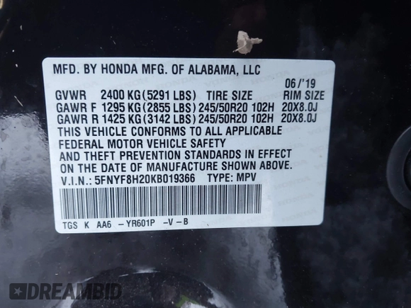 2019 Honda Passport Sport with VIN 5FNYF8H20KB019366, listed as a IAAI auction lot 41155033 with 79,250 mi miles and . Bid and sale history available at DreamBid. Image 9.