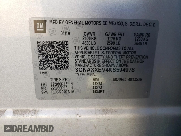 2019 Chevrolet Equinox Premier with VIN 3GNAXXEV4KS594978, listed as a Copart auction lot 48719825 with 119,406 mi miles and Salvage Title. Bid and sale history available at DreamBid. Image 13.