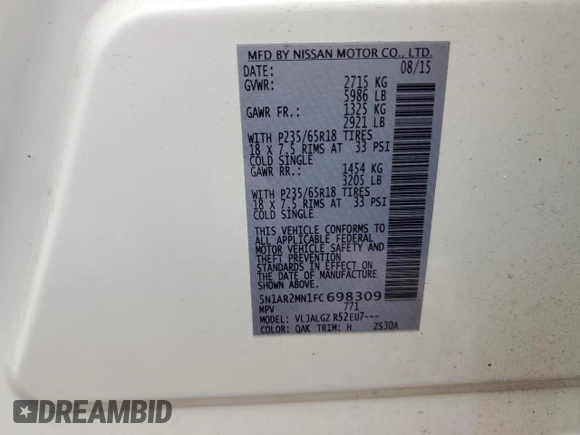 2015 Nissan Pathfinder S z VIN 5N1AR2MN1FC698309, wystawiony jako Copart lot #57612505 z przebiegiem 109 678 mil mil oraz Szkoda całkowita • Salvage title. Historia ofert i sprzedaży dostępna na DreamBid. Obrazek 13.