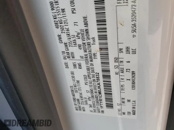 2018 Ford Transit with VIN 1FTYR1CM0JKA78832, listed as a Copart auction lot 74309964 with 52,577 mi miles and Salvage Title. Bid and sale history available at DreamBid. Image 13.