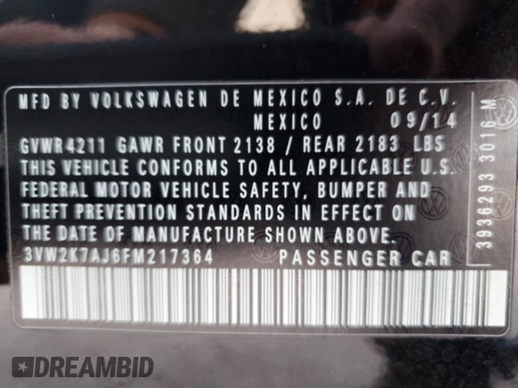 2015 Volkswagen Jetta S с VIN 3VW2K7AJ6FM217364, выставлен на аукционе Copart как лот 85687184 с пробегом 103 718 миль миль и Списание • Salvage title. История ставок и продаж доступна на DreamBid. Изображение 13.