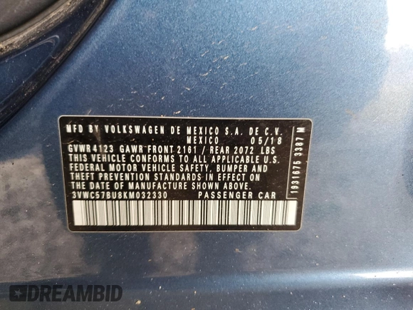 2019 Volkswagen Jetta S with VIN 3VWC57BU8KM032330, listed as a Copart auction lot 55018625 with 99,915 mi miles and Salvage title. Bid and sale history available at DreamBid. Image 12.