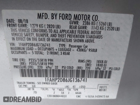 2018 Ford Taurus SE с VIN 1FAHP2D86JG136741, выставлен на аукционе IAAI как лот 42044423 с пробегом 140 773 миль миль и . История ставок и продаж доступна на DreamBid. Изображение 9.