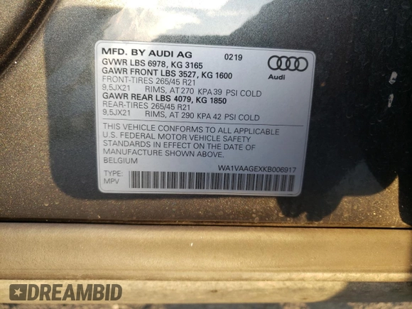 2019 Audi e-tron Prestige with VIN WA1VAAGEXKB006917, listed as a Copart auction lot 43856923 with 67,805 mi miles. Bid and sale history available at carsss.com. Image 13.