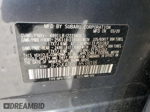 2020 Subaru Forester with VIN JF2SKADC7LH538036, listed as a Copart auction lot 51636095 with 94,685 mi miles and Salvage Title. Bid and sale history available at carsss.com. Image 15.