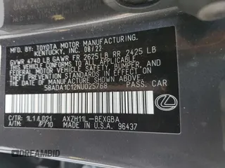 2022 Lexus ES 300h с VIN 58ADA1C12NU025768, выставлен на аукционе Copart как лот 79717704 с пробегом 70 690 миль миль и Списание • Salvage title. История ставок и продаж доступна на DreamBid. Изображение 15.