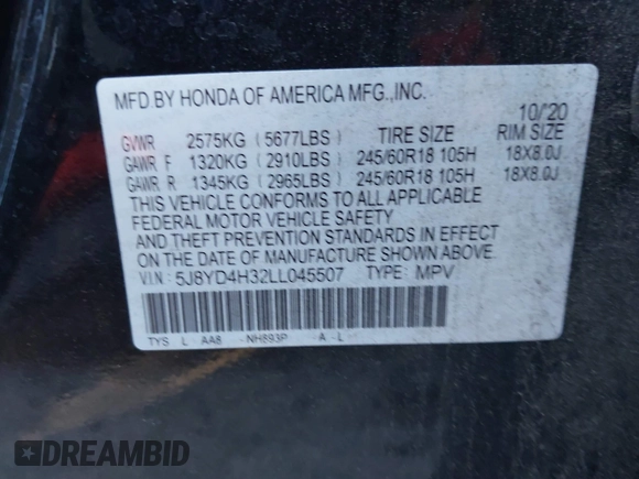 2020 Acura MDX z VIN 5J8YD4H32LL045507, wystawiony jako IAAI lot #41174267 z przebiegiem 586 764 mil mil oraz . Historia ofert i sprzedaży dostępna na DreamBid. Obrazek 9.