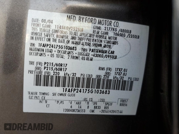 2005 Ford Five Hundred SEL with VIN 1FAFP24175G103683, listed as a Copart auction lot 74348284 with 0 mi miles and Salvage Title. Bid and sale history available at carsss.com. Image 12.