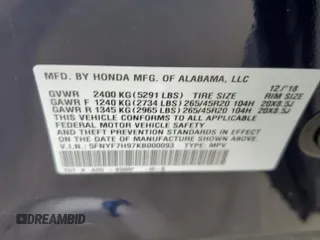 2019 Honda Passport Touring z VIN 5FNYF7H97KB000093, wystawiony jako Copart lot #78888424 z przebiegiem 41 742 mil mil oraz Szkoda całkowita • Salvage title. Historia ofert i sprzedaży dostępna na DreamBid. Obrazek 16.